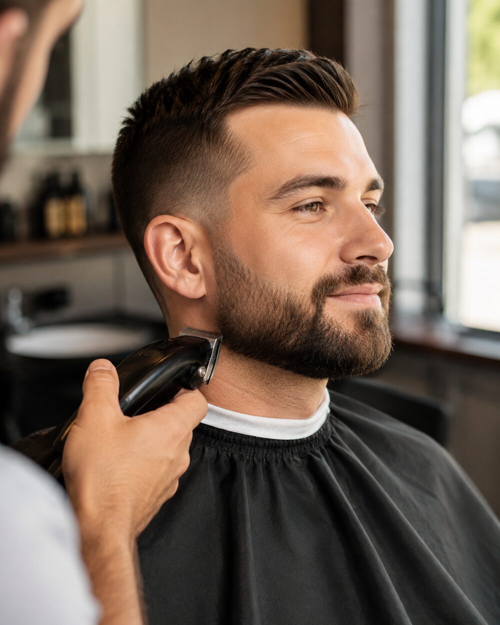 A barber shaping a beard after a fresh haircut