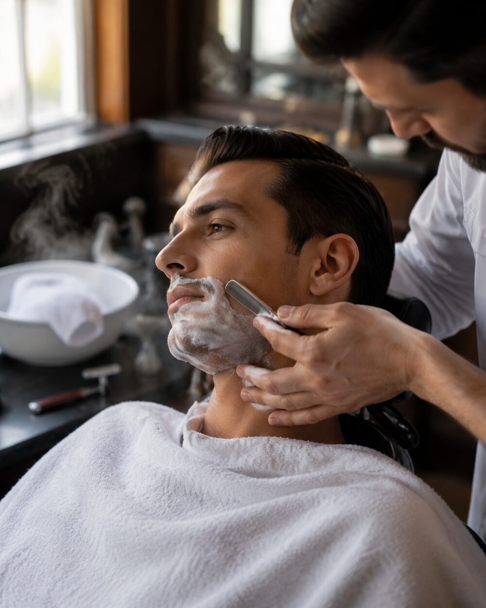 A traditional hot towel wet shave in progress