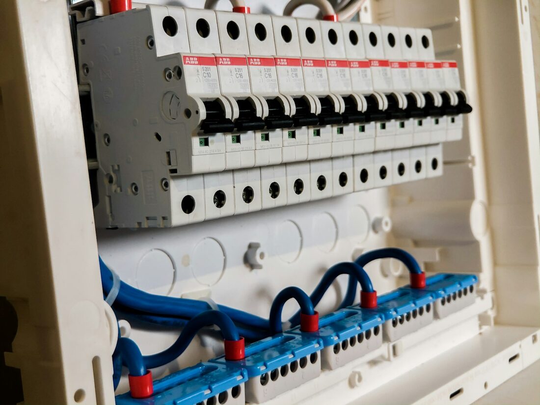 A modern consumer unit with circuit breakers and RCDs