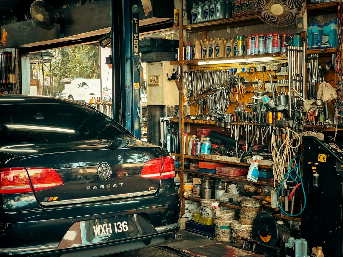 The workshop with a car in for repair