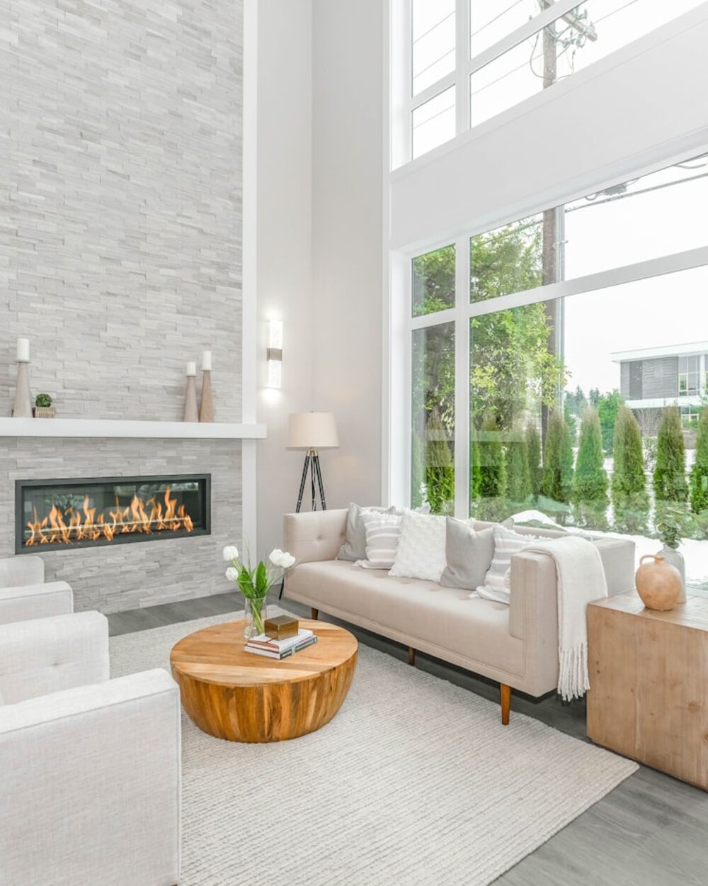 Bright living room with tall windows